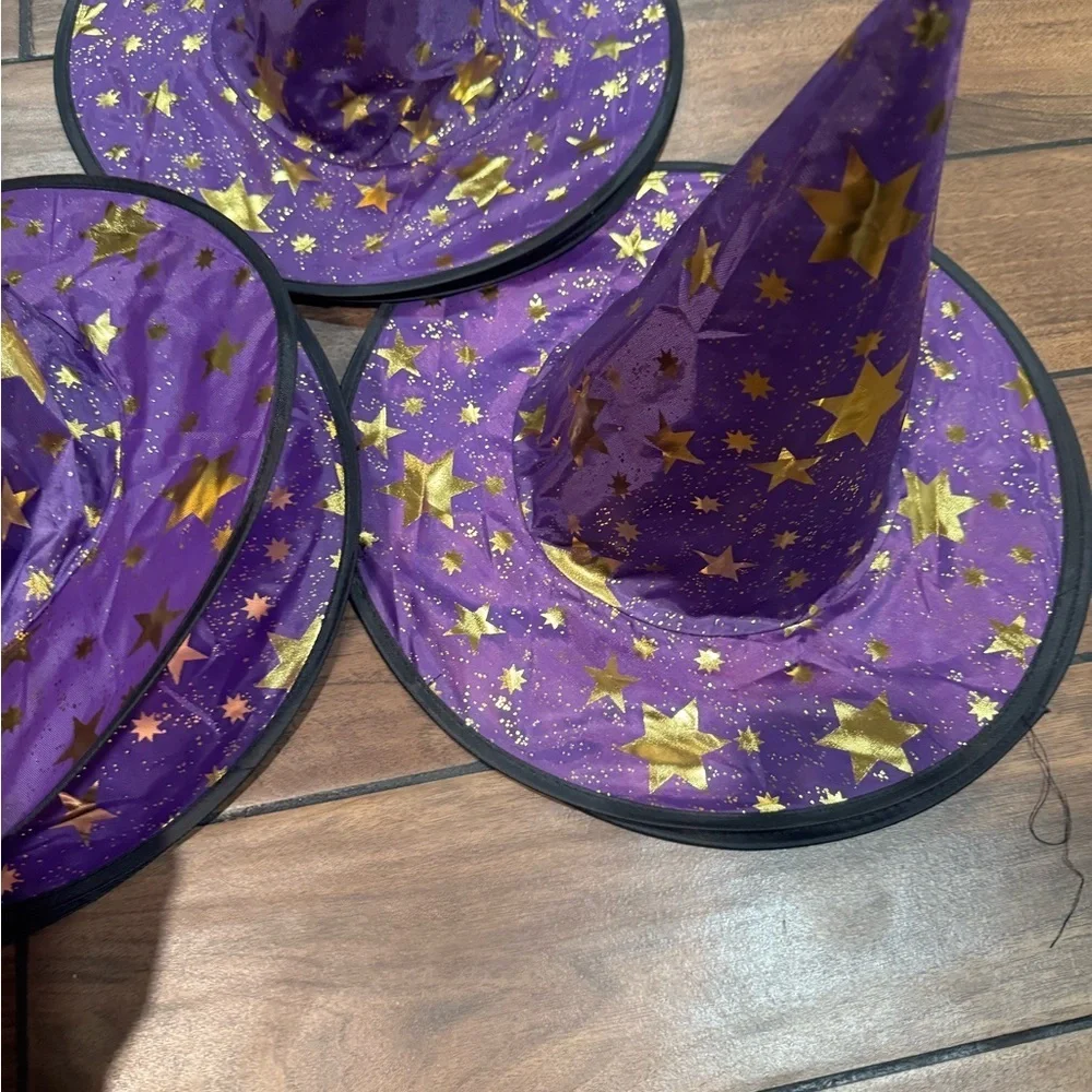 Purple and Gold Star Halloween witch Hats for costume accessories bundle of 8